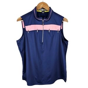 Jamie Sadock Sleeveless Top Sz XL Navy & Pink Hardware Striped 1/4 Zip Mock Neck
